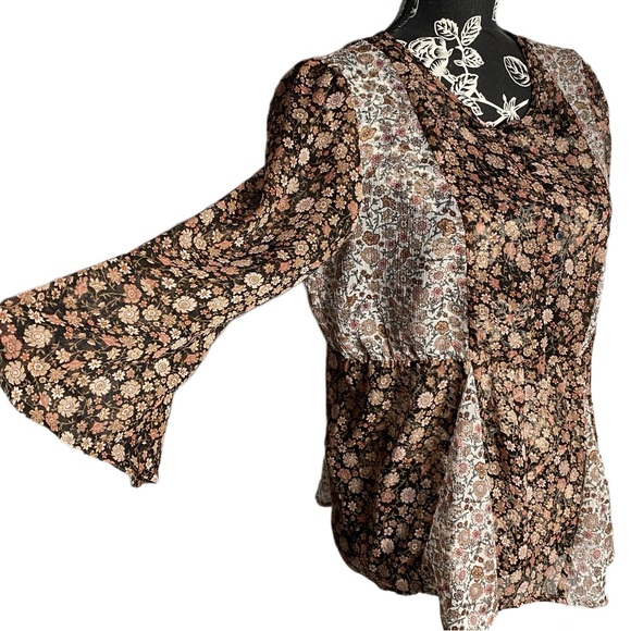 Maurice’s Vintage Boho Style Sheer Floral Blouse 3/4 Bell Sleeve Elastic Waist M - Picture 5 of 11